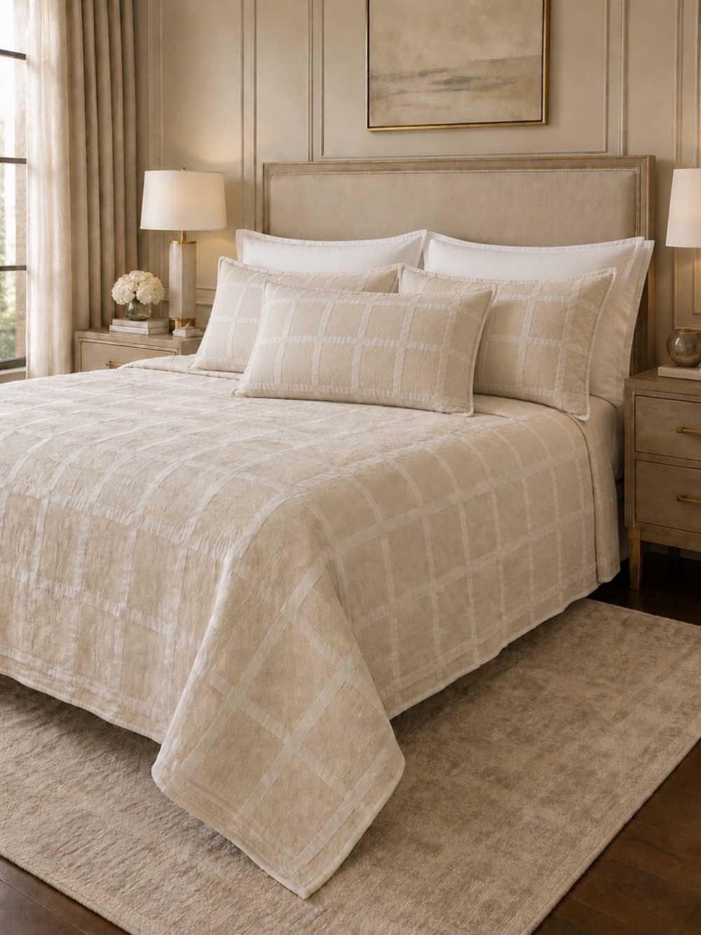 Windowpane Quilted Comforter Set in Beige - Elegant Neutral Bedding 3 shams soft